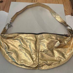 Allison Burns Sling Bag NWOT gold metallic leather hot pink lining perfect cond